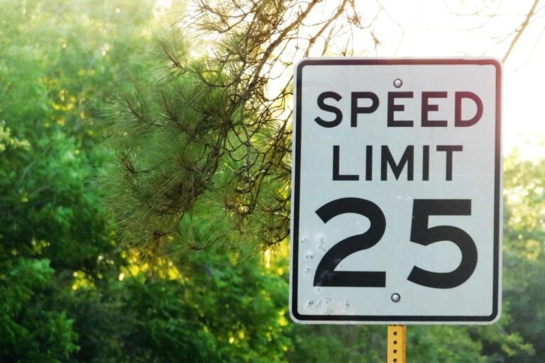 A white Speed Limit 25 sign on a yellow post, backlit by trees